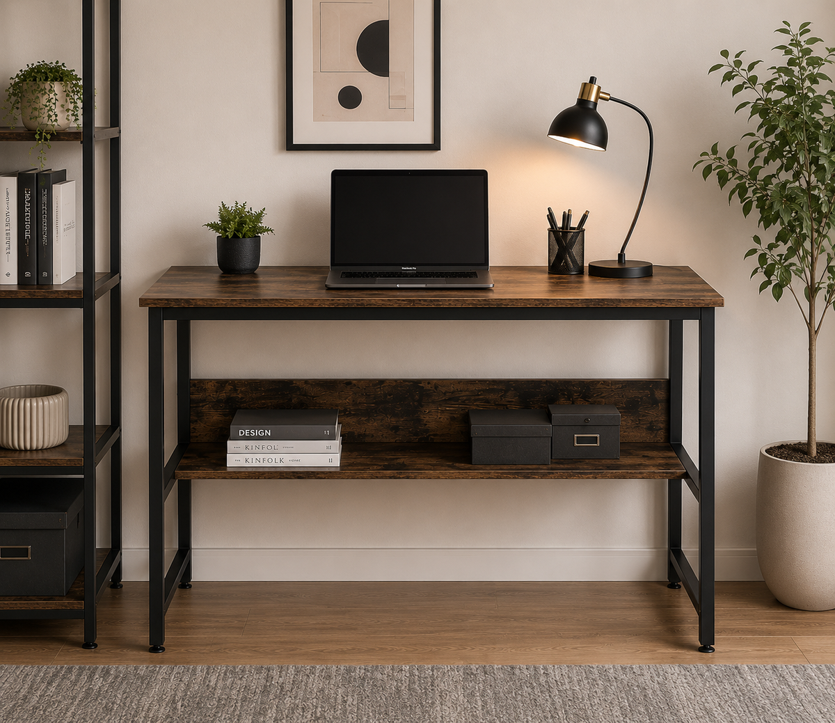 Modern Industrial Home Office Desk with Storage Shelf