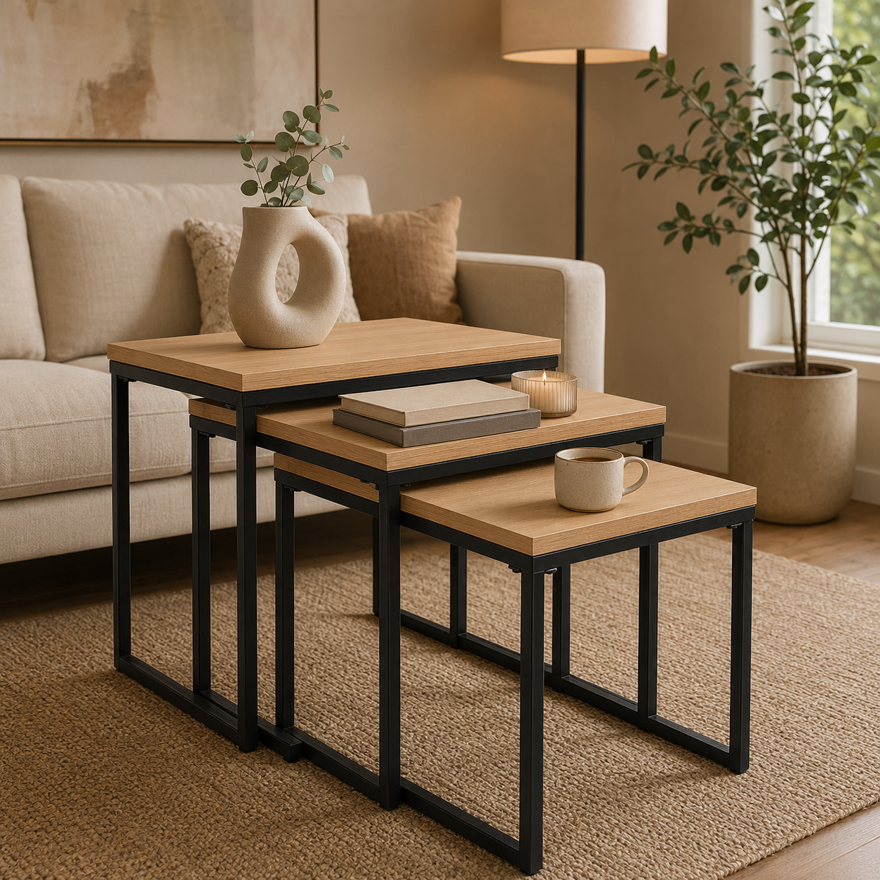 C-Shaped Rustic Wood Nesting Side Tables 3-Piece Set