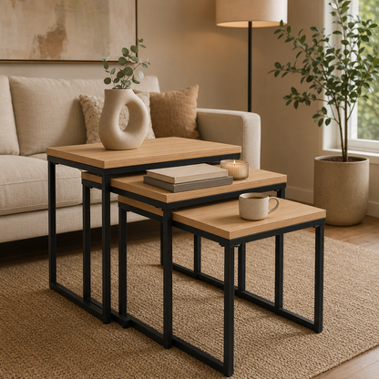 C-Shaped Rustic Wood Nesting Side Tables 3-Piece Set