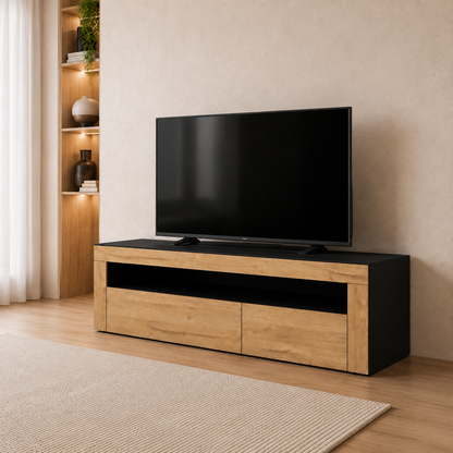 Modern Wooden TV Unit with Open Shelf & Storage