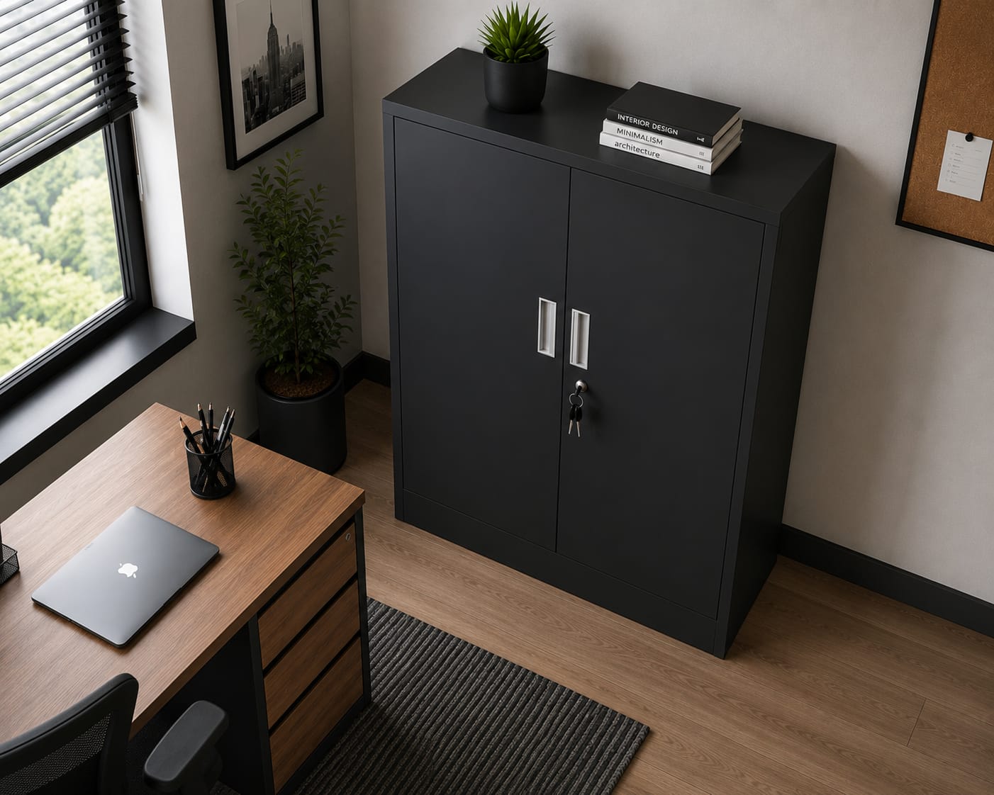 2-Door Locking Storage Cabinet with Adjustable Shelves – Freestanding Office & Home Organizer, Black