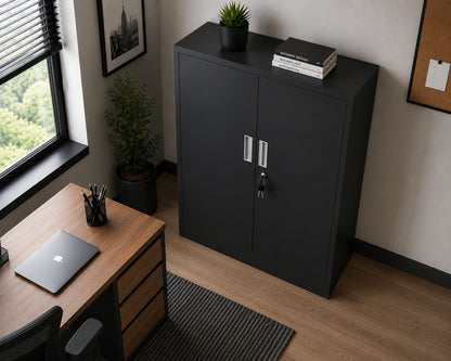 2-Door Locking Storage Cabinet with Adjustable Shelves – Freestanding Office & Home Organizer, Black