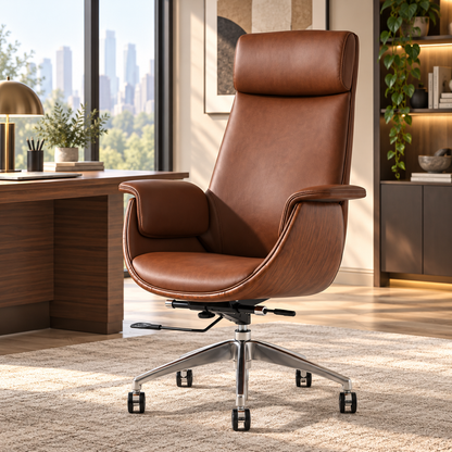 Modern Executive Reclining Office Chair with Padded Headrest & Wooden Accents