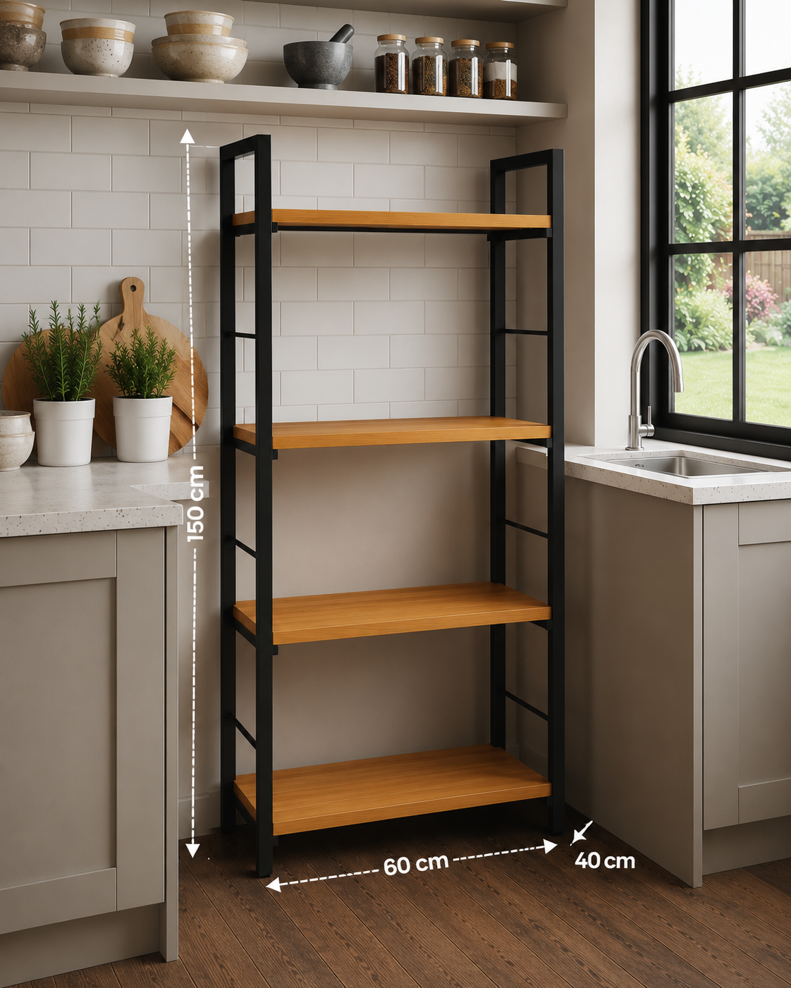 Metal Microwave Stand and Kitchen Organizer 4 Door, Black, Size 60 cm (W) x 150 cm (H) x 40 cm (D)
