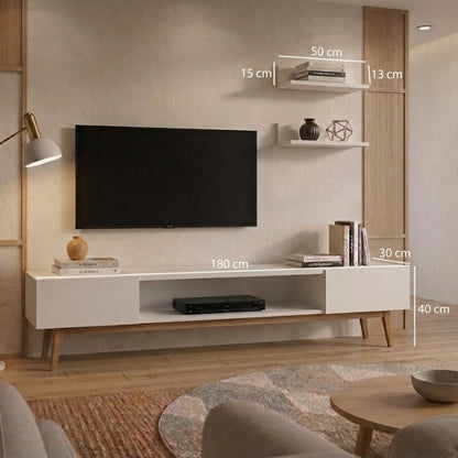 Modern White TV Stand with Open Shelf & Side Storage Cabinets – Scandinavian Entertainment Center