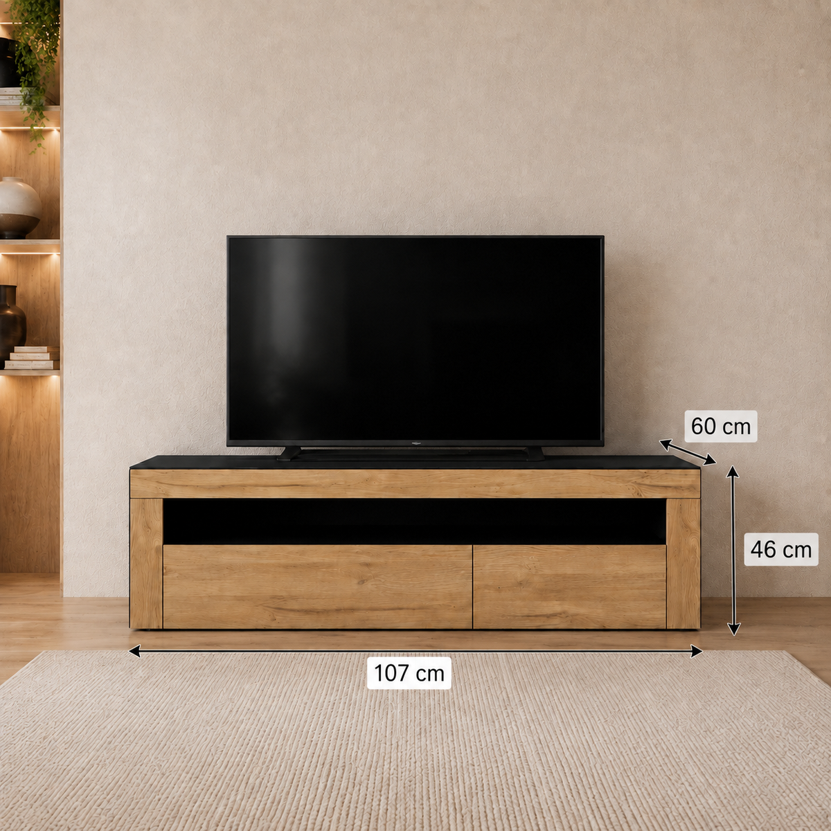 Modern Wooden TV Unit with Open Shelf & Storage