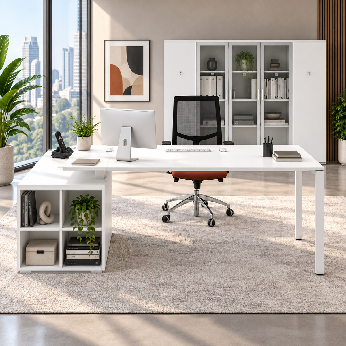 Modern L-Shaped Executive Office Desk with Integrated Storage