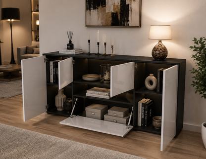 Modern Sideboard Cabinet with Push-to-Open Doors and High Gloss White