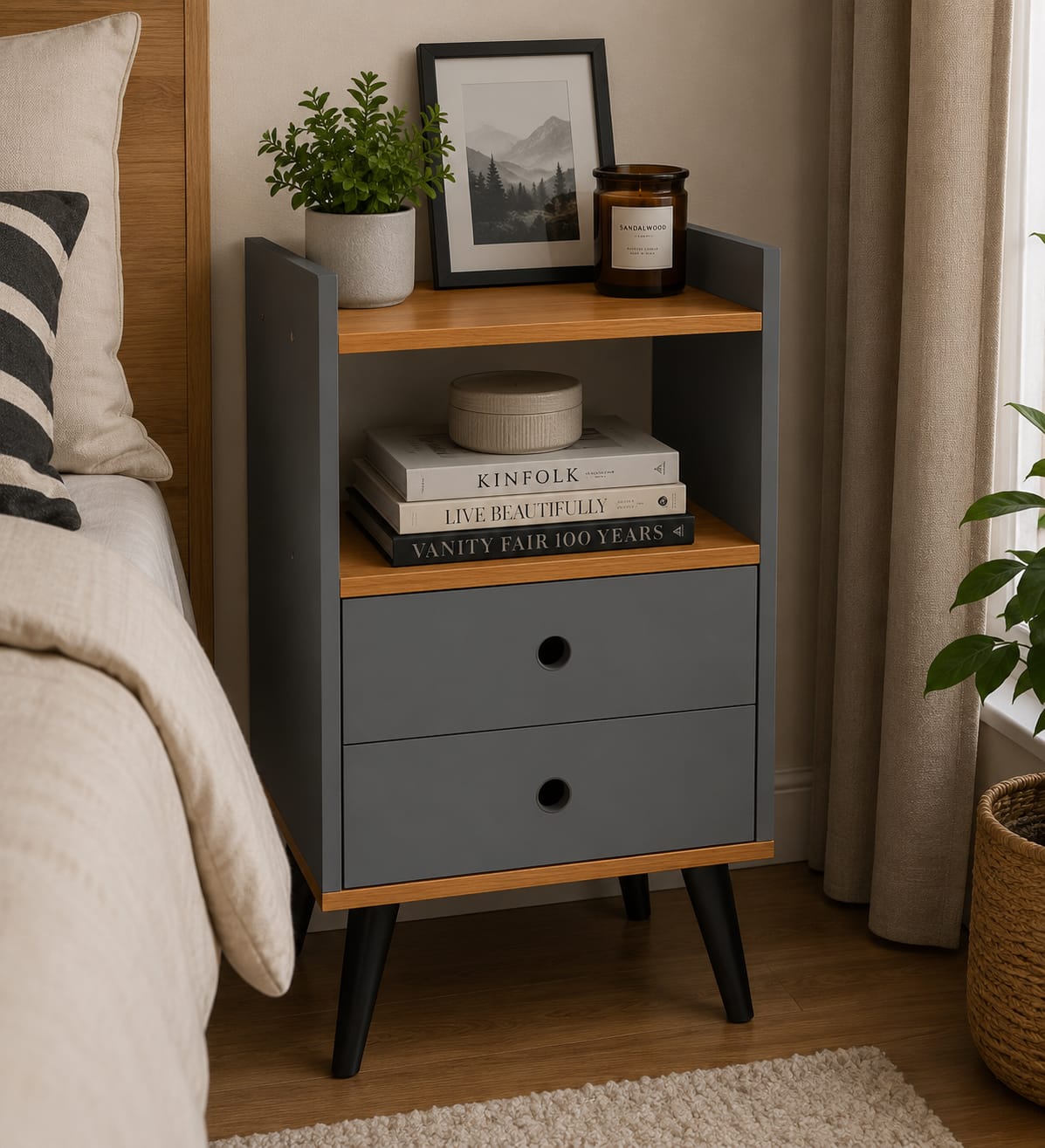 Bedside Table with 2-Drawers, Grey/Cinamomo