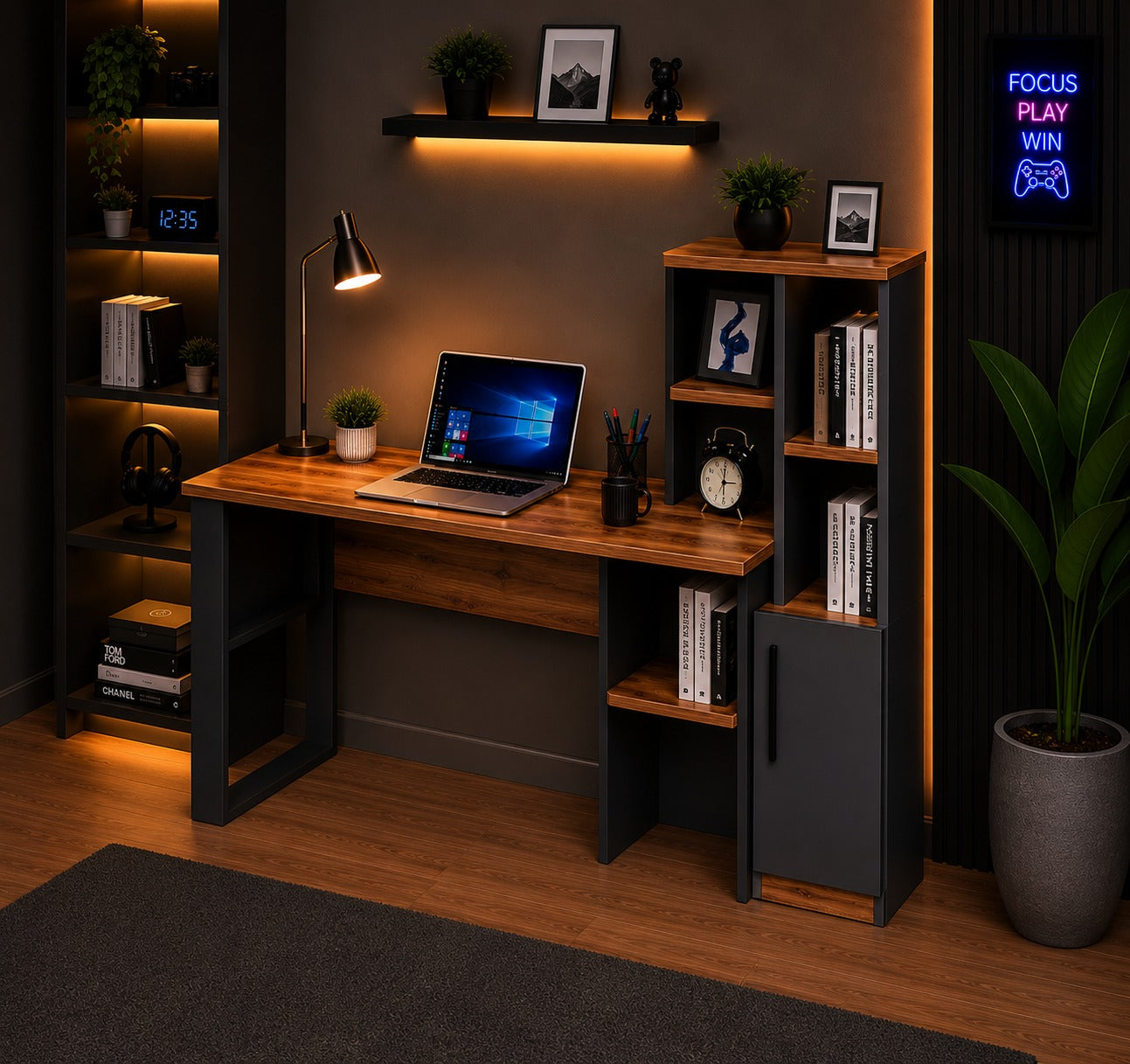 HOMIDEA Tody Office Computer Table with Shelves and Storage Space with Door Modern Design for Home Office or Children's Room (Antrachite/Briarsmoke)