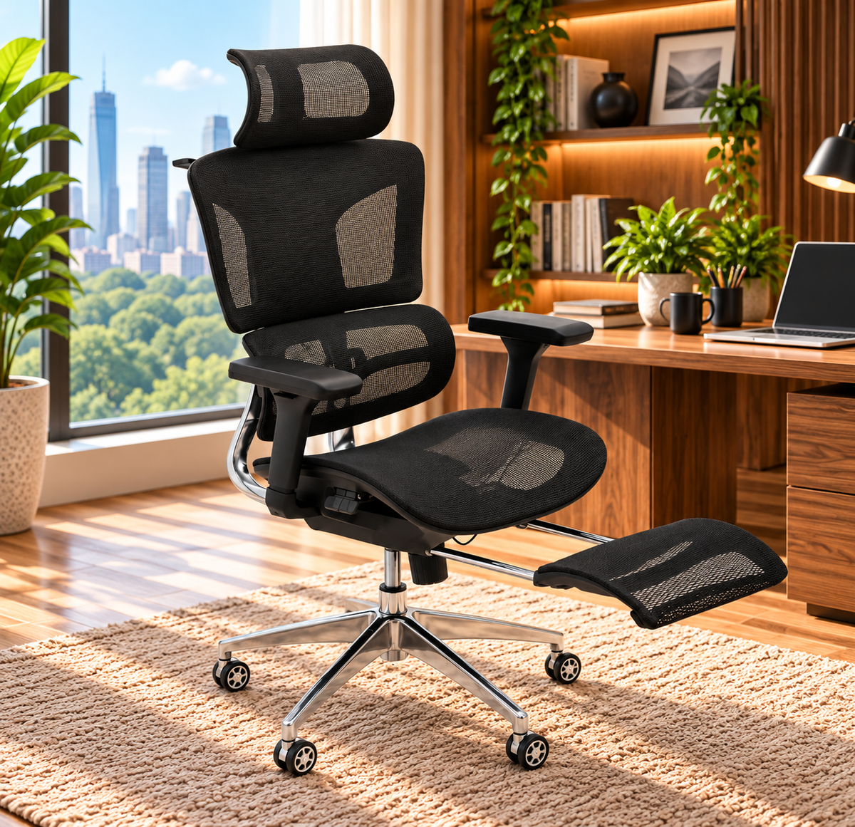 Modern Executive Mesh Office Chair with Adjustable Headrest & Footrest