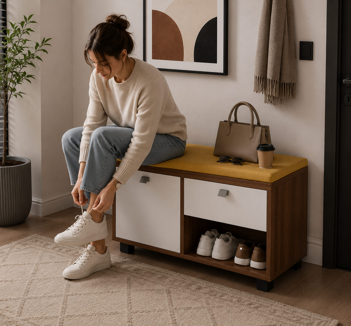 Modern Wooden Shoe Storage Bench with Cushion