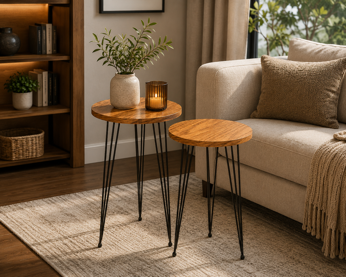 Set of 2 Pine Wood End Tables Round Wood Sofa Side Coffee Tables for Small Spaces