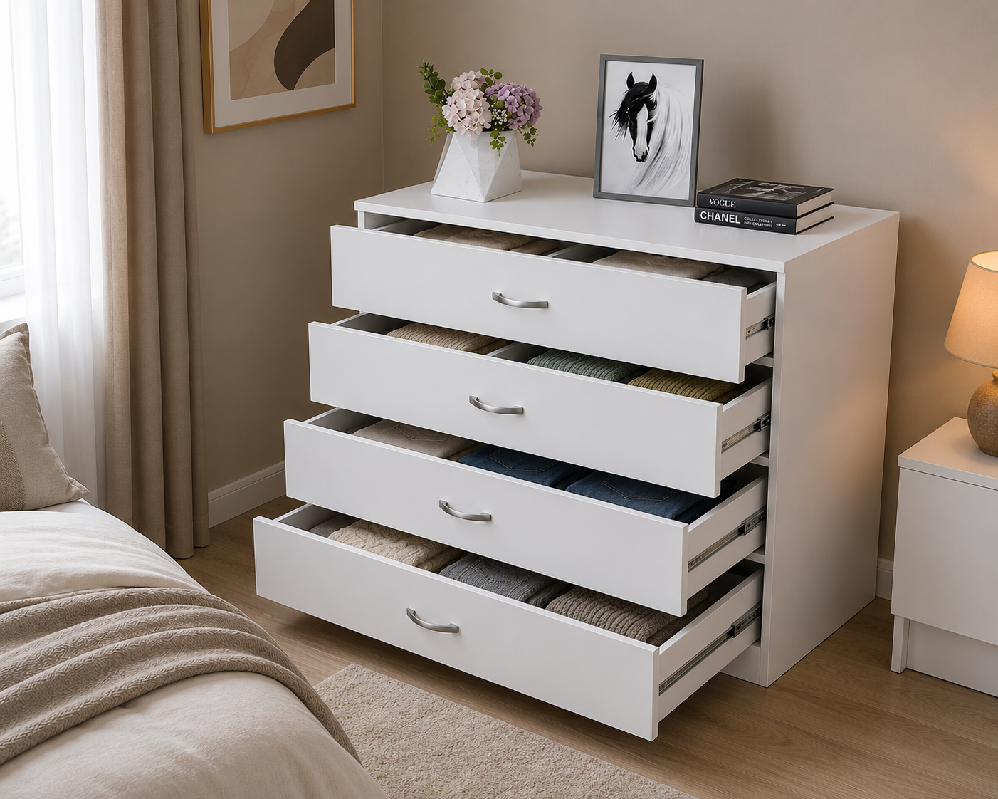 White Chest of Drawers, 4 Drawer With Metal Handles & Runners, Unique Anti-Bowing Drawer Support, Riano Bedroom Furniture