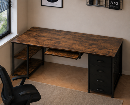 Desk with 4 Drawers, Computer Desk with 2 Sockets and 2 USB Charging Ports