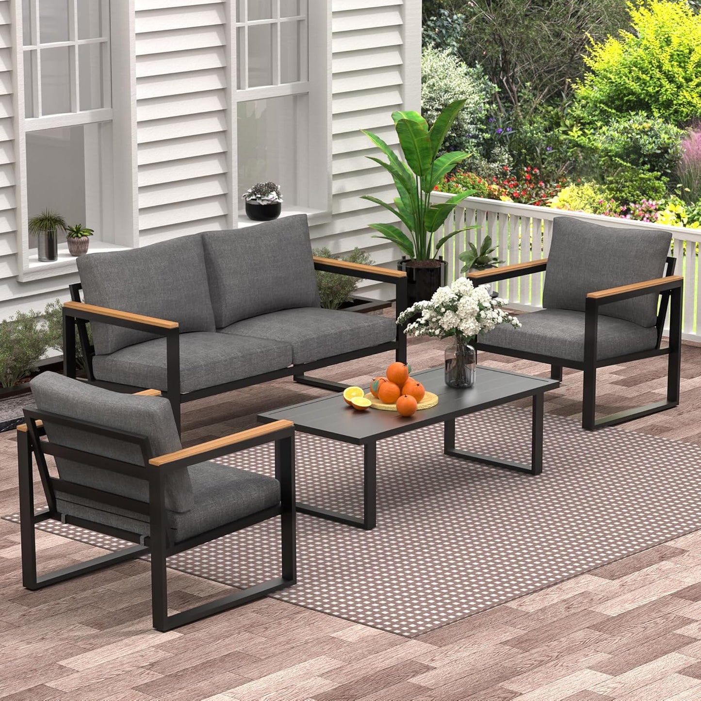 COMLAX FIELD Patio Furniture Set, 4 Pieces Outdoor Patio Furniture with Table Set, Metal Patio Conversation Sets with Removeble, Washable and High-Resiliency Sponge Cushions, Light Grey
