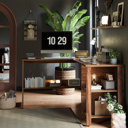 CubiCubi L Shaped Desk, Corner Computer Desk with Storage Shelves, Home Office Workstation for Study or Working, Deep Brown