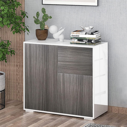 FurniFlex 2-Drawers High Gloss Sideboard Cabinet with Push-Open Design, Light Grey/White
