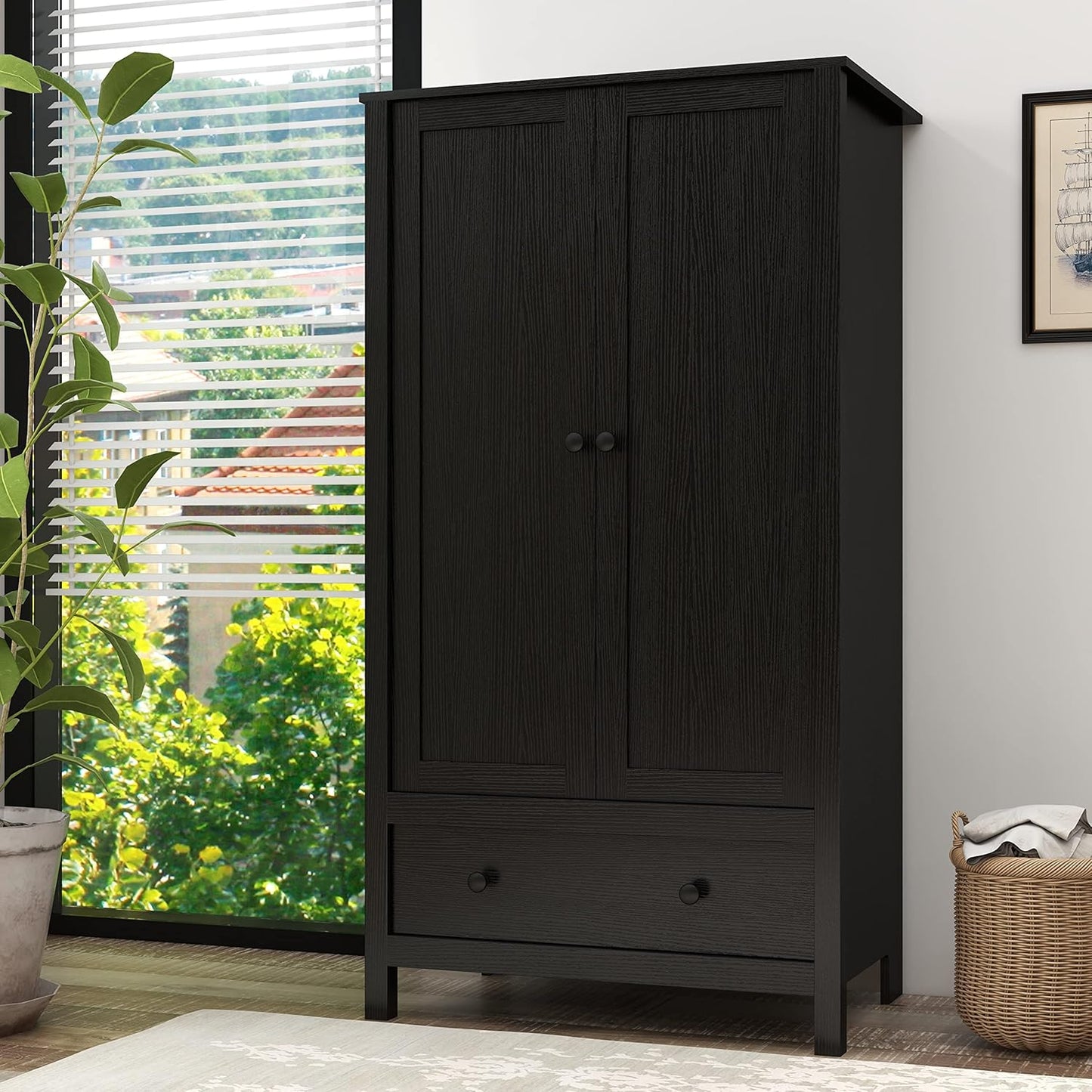 Panana 2 Door Wardrobe, Armoire with Drawer for Bedroom (Black)