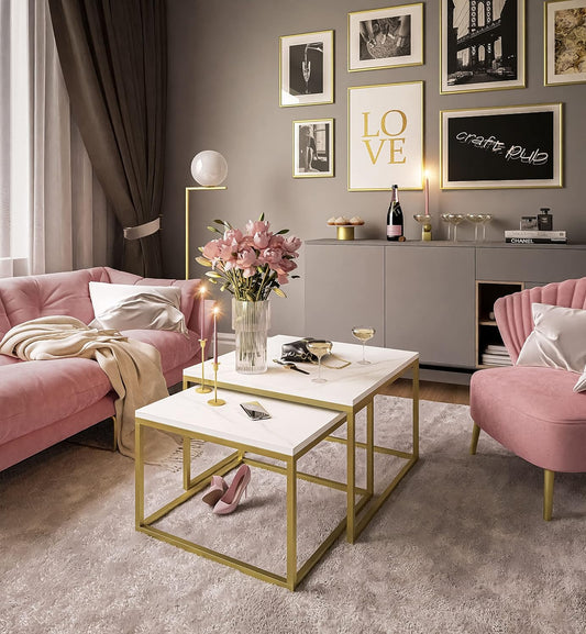 lukmebel Yoshi LEVANTO 2-in-1 Coffee Table Set of Two Tables Metal Base Matt Square Worktop 60 x 60 x 42 70 x 46 cm Gold and Levanto Marble