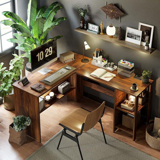 CubiCubi L Shaped Desk, Corner Computer Desk with Storage Shelves, Home Office Workstation for Study or Working, Deep Brown