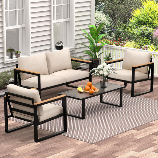 COMLAX FIELD Patio Furniture Set, 4 Pieces Outdoor Patio Furniture with Table Set, Metal Patio Conversation Sets with Removeble, Washable and High-Resiliency Sponge Cushions, Light Grey