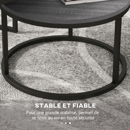 HOMCOM Set of 2 Nest Coffee Tables, Round Coffee Table, Stackable, Industrial Design, Coffee Table, Metal Legs, Black