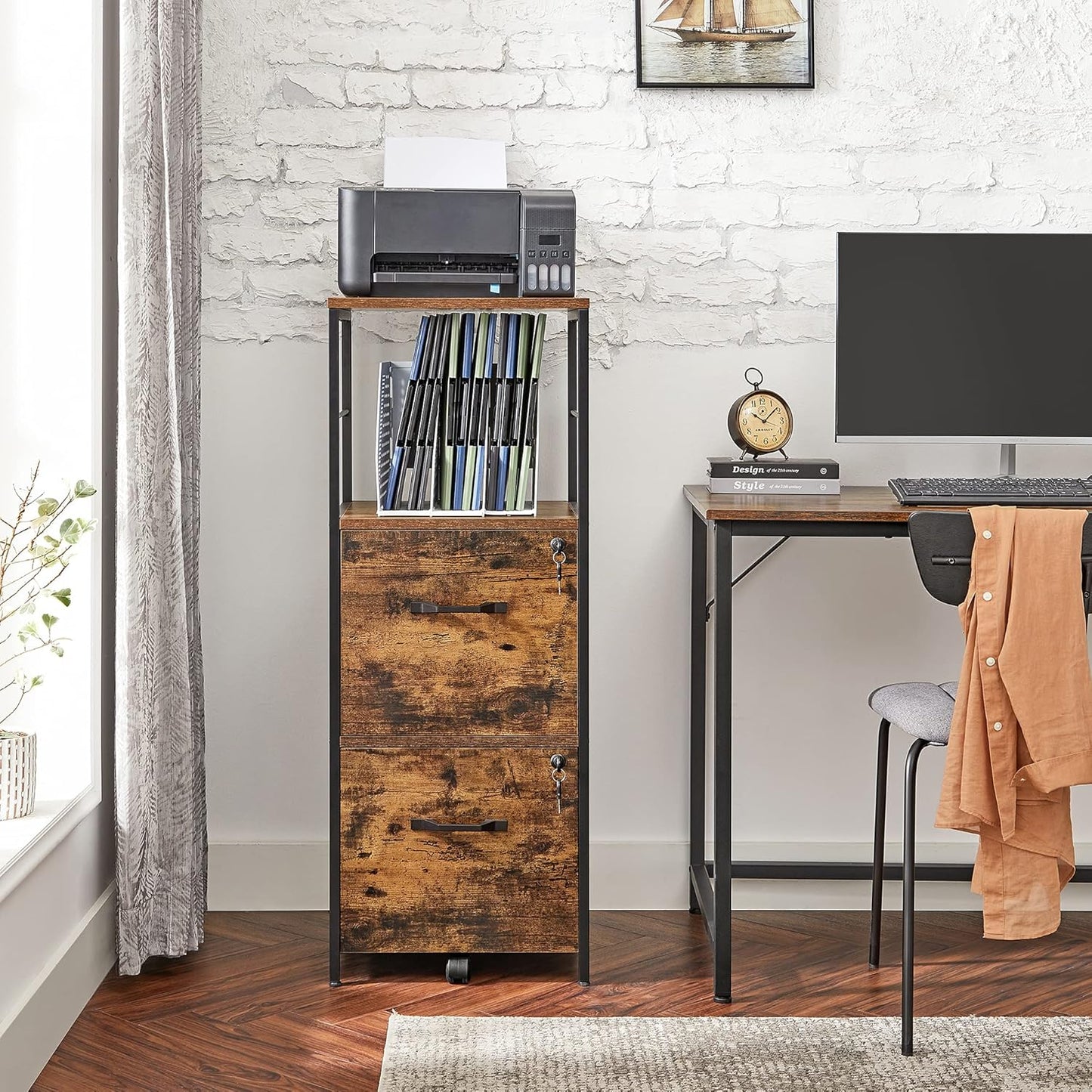 VASAGLE File Cabinet for Home Office, Filing Cabinet with 2 Drawers, Open Shelf, Steel Frame, A4 and Letter Sized Files, Printer Stand, Adjustable Feet, Industrial, Rustic Brown and Black UOFC045B01