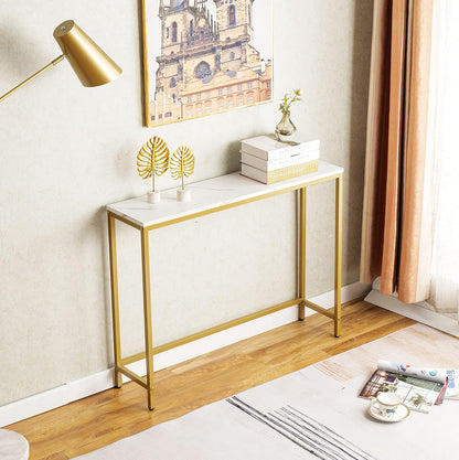 loglus Console Table for Entryway, Faux Marble MDF Sofa Table with Golden Frame (Double Layer,Single Layer, White Marble)
