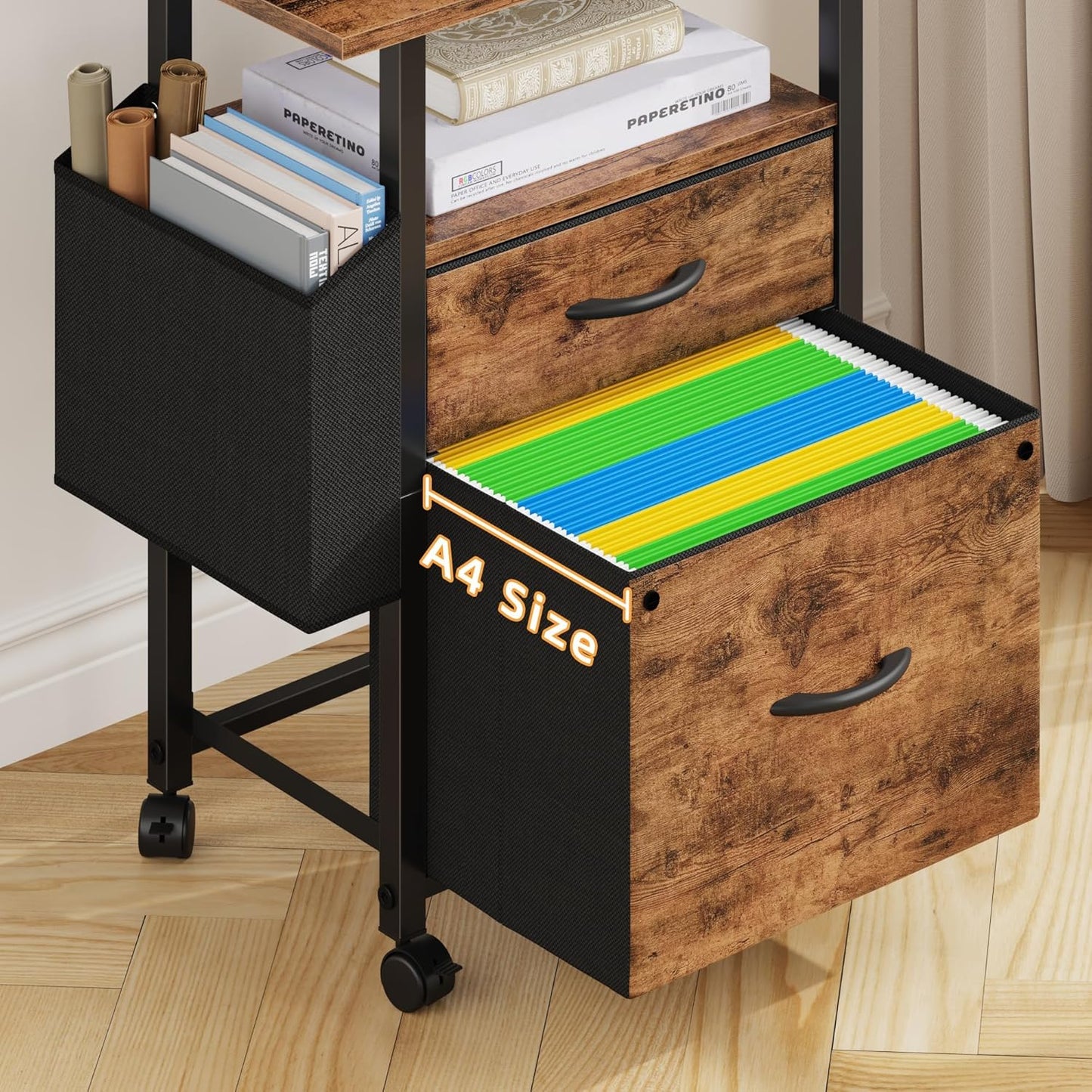 GYIIYUO 2 Drawer File Cabinet with 24'' Extended Desktop, Mobile Filing Cabinet, Rolling File Cabinet with Side Bag, Fabric Drawer, Fits A4/Letter Size, Printer Stand Home Office, Light Brown