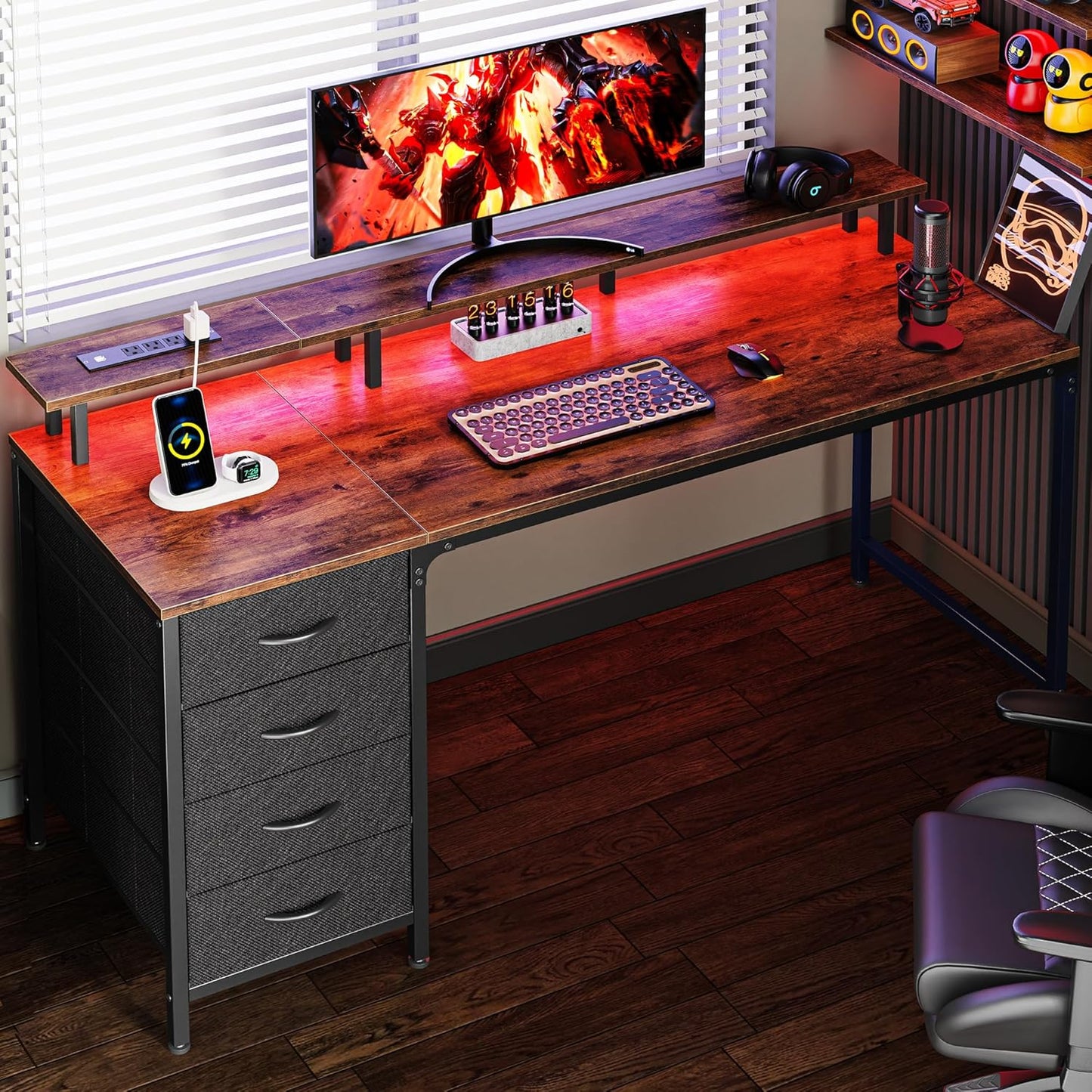 Huuger 63 Inch Computer Desk with Power Outlets and LED Lights, Gaming Desk with 4 Drawers, Office Desk with Monitor Stand, Study Desk Work Desk for Home Office, Black