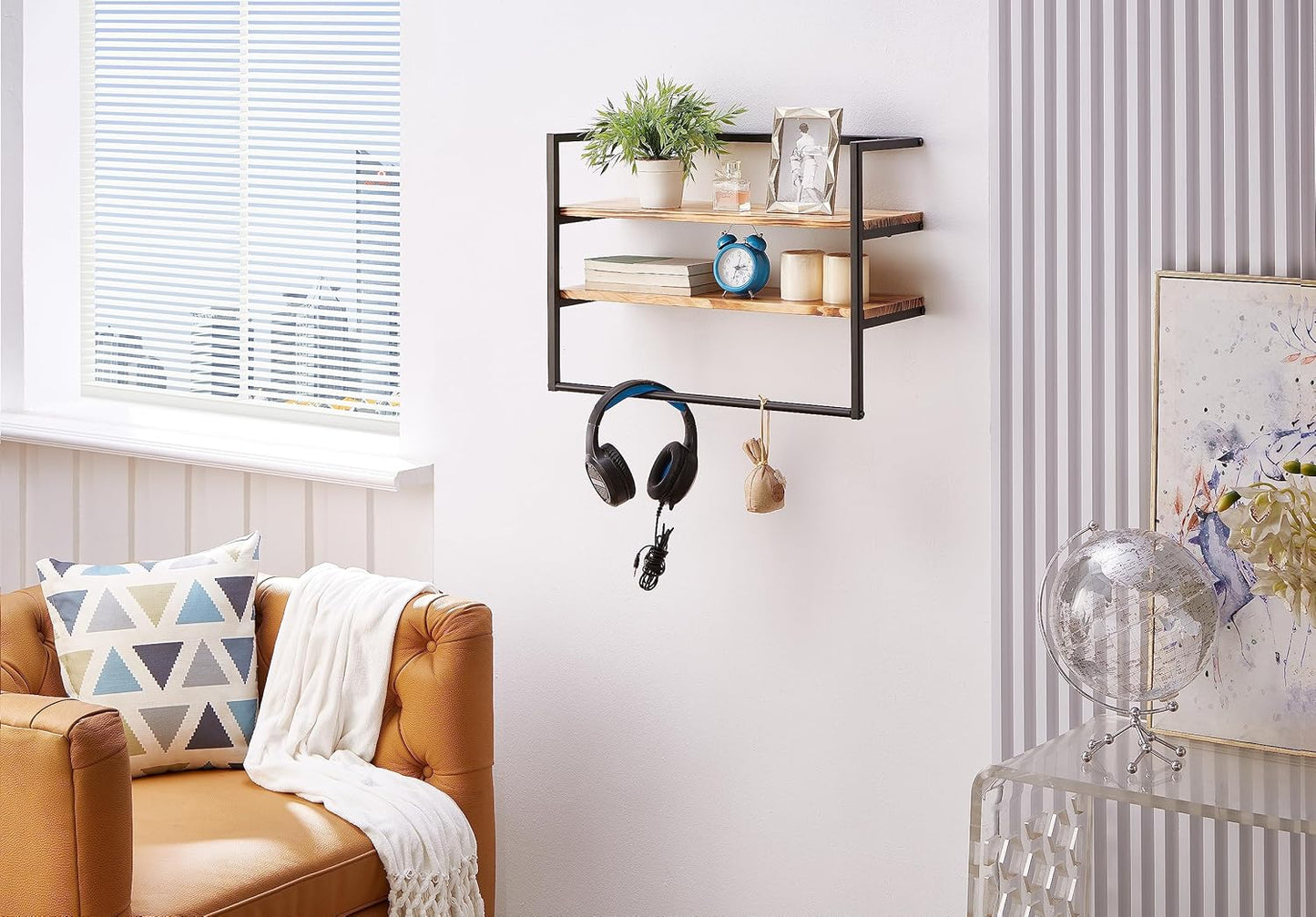 Metal Industrial 2 Tier Bathroom Shelves Wall Mounted,24" Bathroom Shelf with Towel Bar,Wall Shelf Towel Rack Over Toilet,Floating Shelves Towel Holder,Solid Wood Shelves with Metal Frame,Black