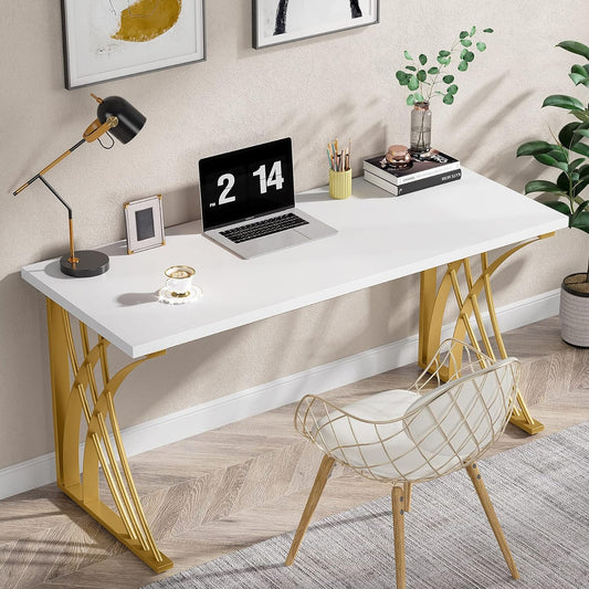 Tribesigns 55’’ Large Modern Computer Desk, White & Gold Luxury Laptop PC Student Table, Makeup Vanity Table with Thick Frame & Strong Legs, Sturdy Writing Workstation for Home & Office