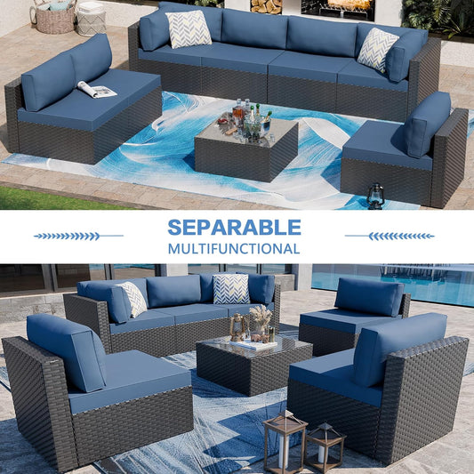 Shintenchi 7 Pieces Outdoor Patio Sectional Sofa Couch, Black Wicker Furniture Conversation Sets with Washable Cushions & Glass Coffee Table for Garden, Poolside, Backyard (Aegean Blue)