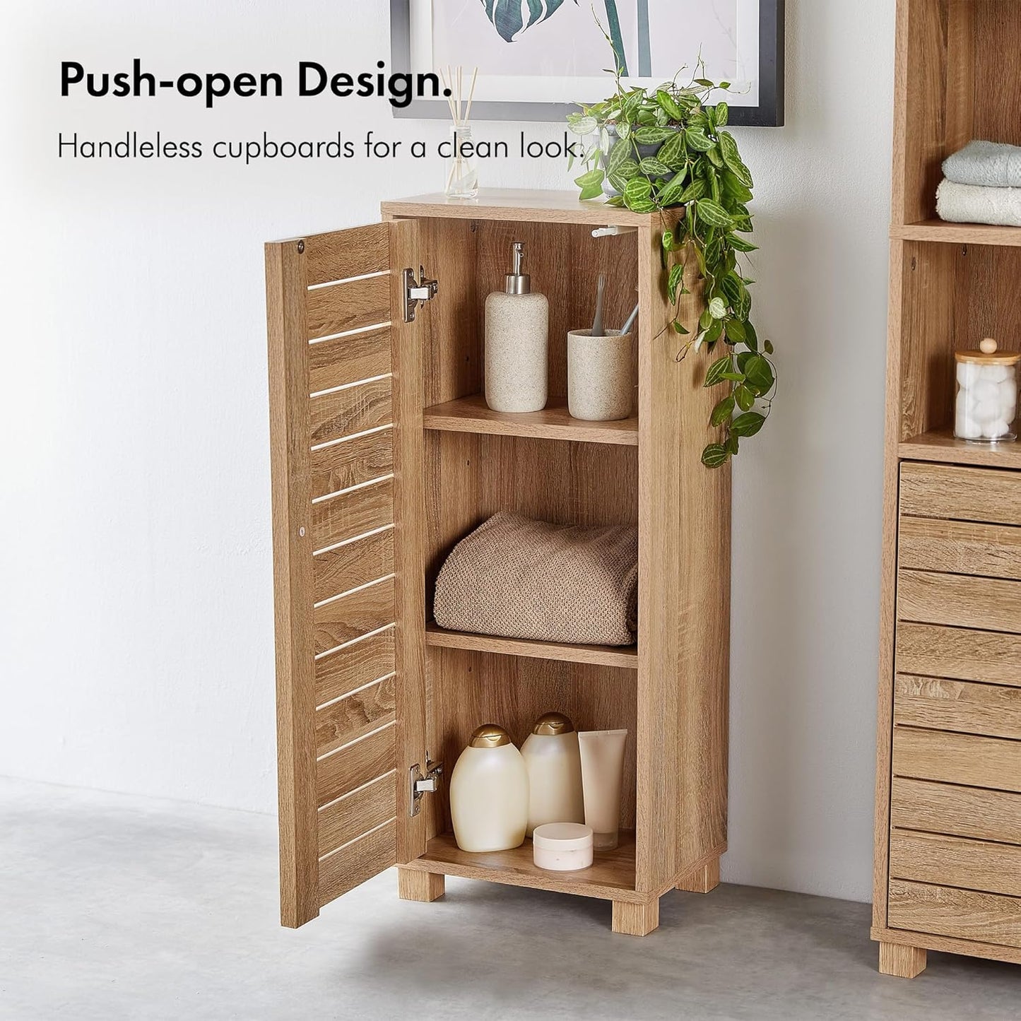 VonHaus Bathroom Storage Cabinet – Oak Wood Effect Bathroom Floor Cabinet w/Handleless Design - Small Floor Standing Cabinet w/Cupboard - Storage Unit for Bathroom, Kitchen & Hallway - Chester