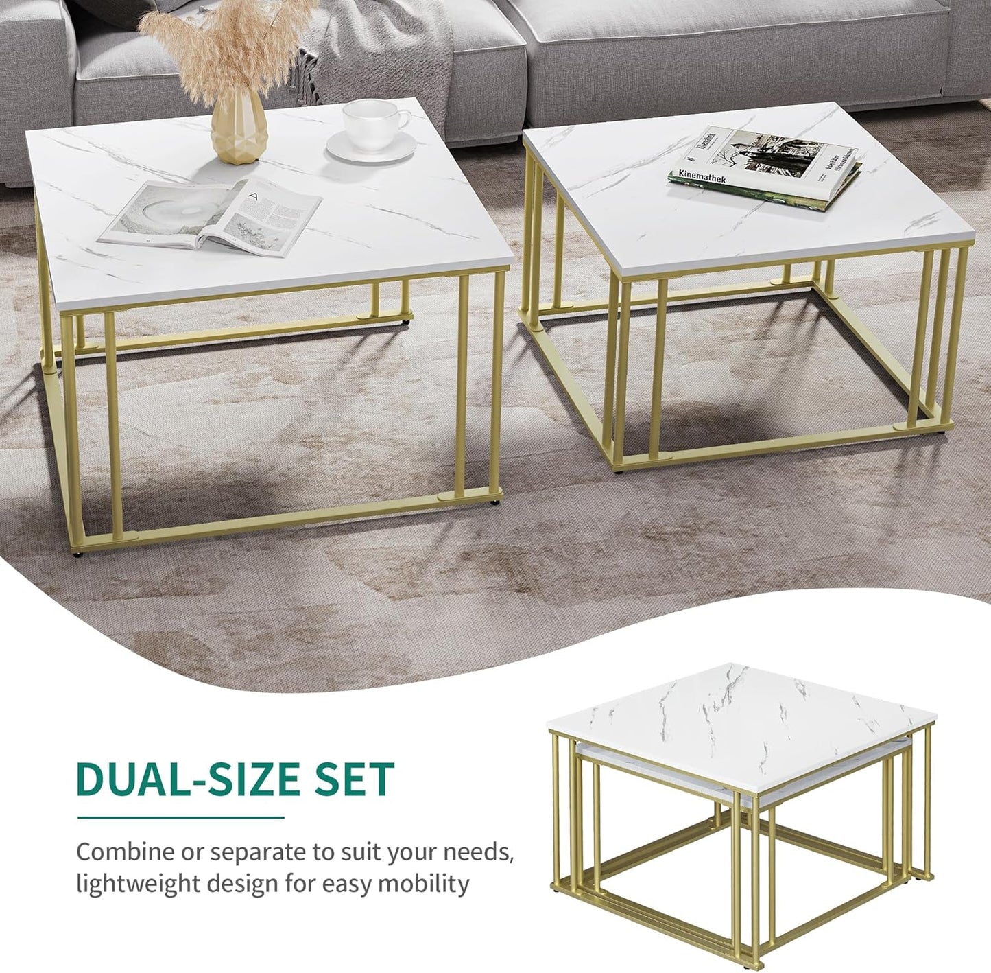 YITAHOME Modern Coffee Table Set of 2 for Living Room, White Grey Round Wooden Coffee Tables, Cocktail Tables, Side Table with Sturdy Gold Metal Frame
