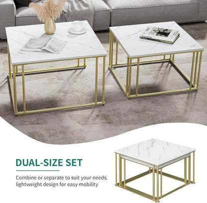 YITAHOME Modern Coffee Table Set of 2 for Living Room, White Grey Round Wooden Coffee Tables, Cocktail Tables, Side Table with Sturdy Gold Metal Frame