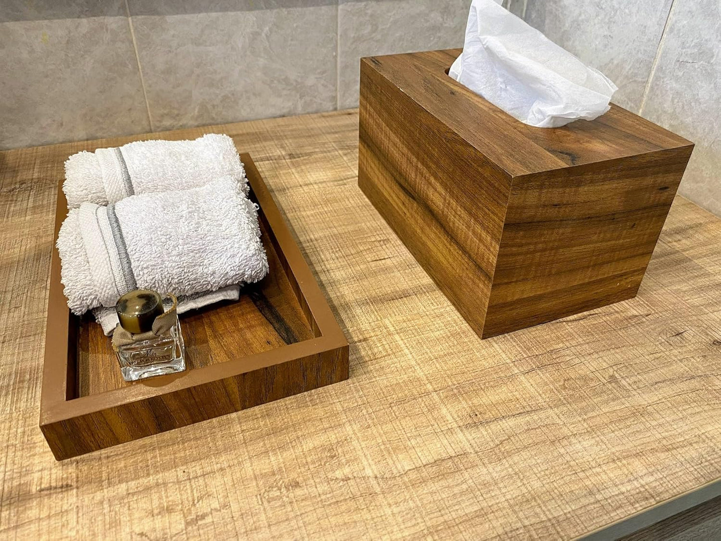 wood workers modern bathroom organizer set, wooden 3 piece set for living room bedroom dining kitchen, rustic rectangular trash bin, tissue box, tray set for office, vanity home decor accessories