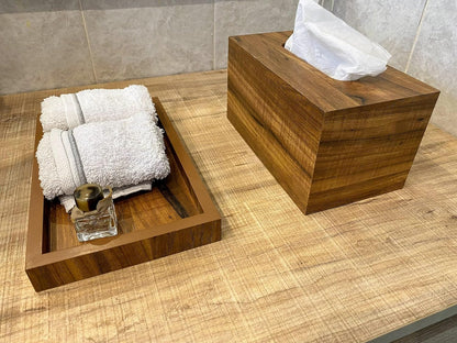 wood workers modern bathroom organizer set, wooden 3 piece set for living room bedroom dining kitchen, rustic rectangular trash bin, tissue box, tray set for office, vanity home decor accessories