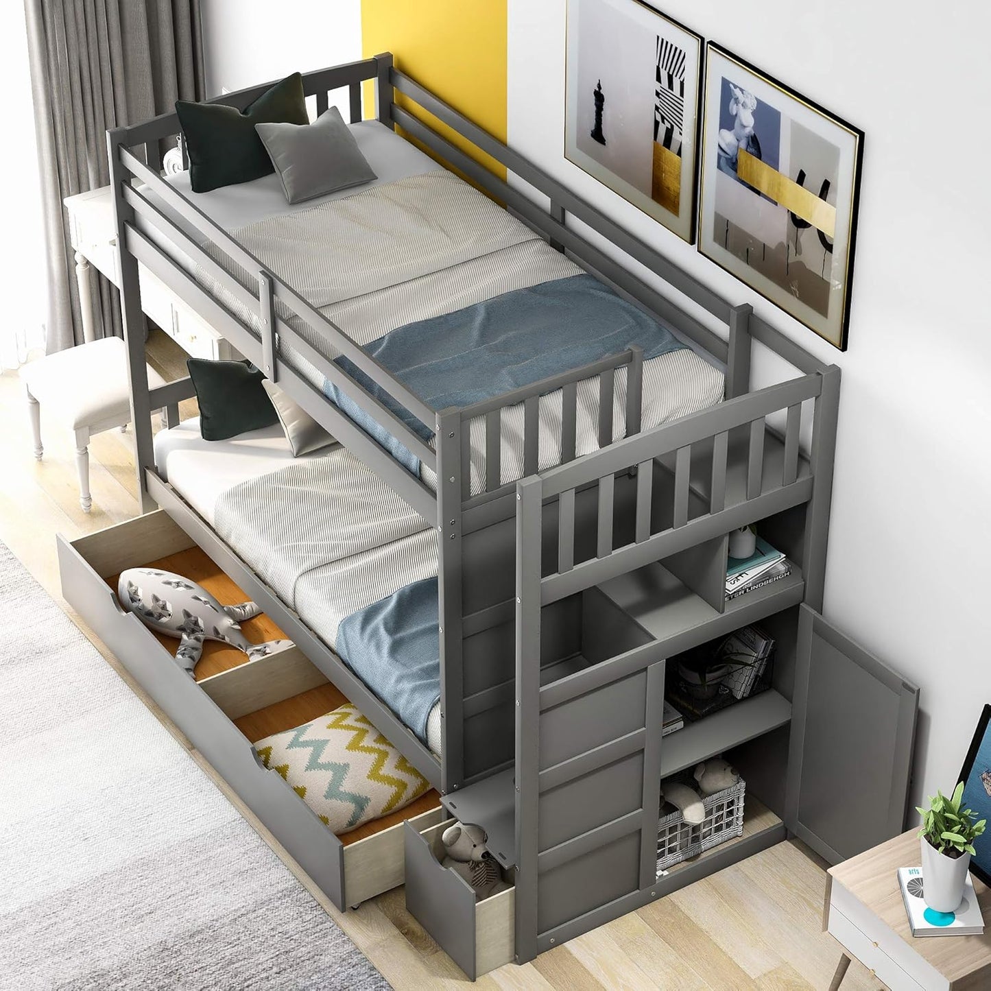 Harper & Bright Designs Twin Over Full Bunk Bed?Twin Bunk Bed for Kids,Bed Frame with Convertible Bottom Bed, Storage Shelves and Drawers for Kids,Adults(Grey)