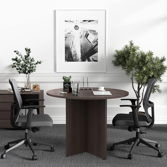 CuHome Round Conference Table, 35.4" Small Commercial Meeting Table for Business, Office Table with X-Shaped Wood Base (Walnut)
