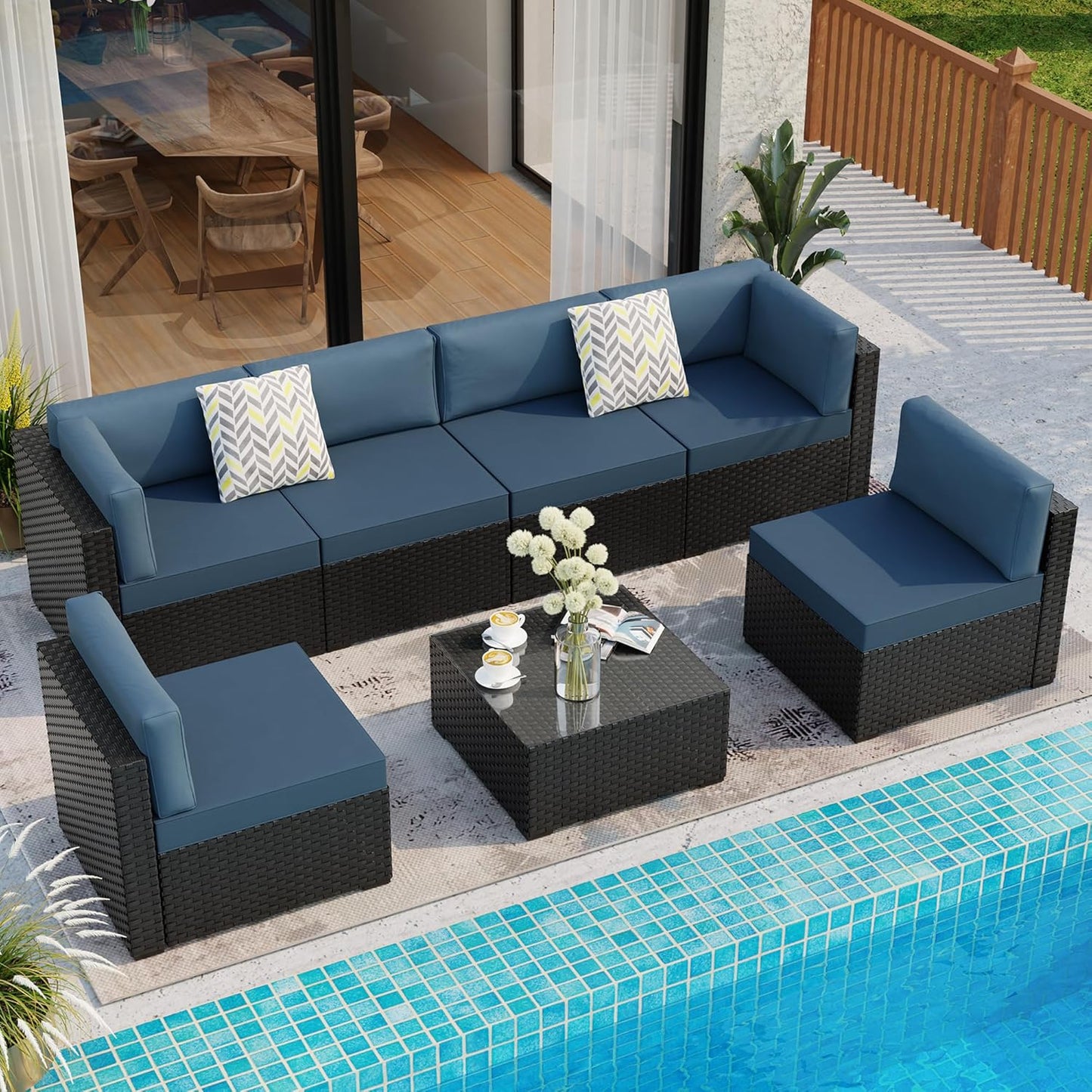 Shintenchi 7 Pieces Outdoor Patio Sectional Sofa Couch, Black Wicker Furniture Conversation Sets with Washable Cushions & Glass Coffee Table for Garden, Poolside, Backyard (Aegean Blue)