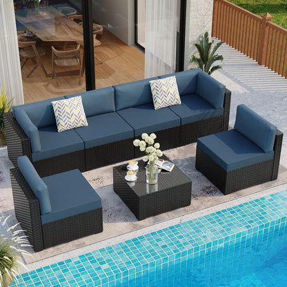 Shintenchi 7 Pieces Outdoor Patio Sectional Sofa Couch, Black Wicker Furniture Conversation Sets with Washable Cushions & Glass Coffee Table for Garden, Poolside, Backyard (Aegean Blue)