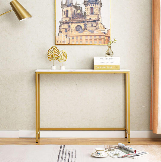 loglus Console Table for Entryway, Faux Marble MDF Sofa Table with Golden Frame (Double Layer,Single Layer, White Marble)