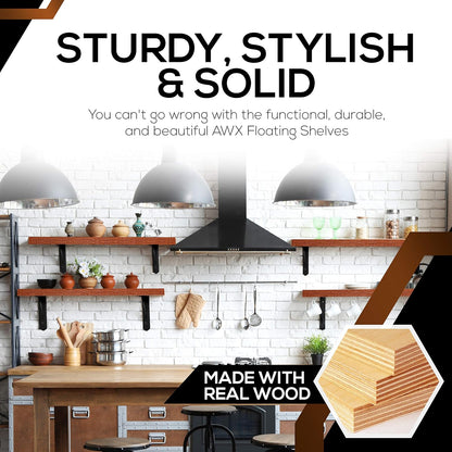 AWX Floating Shelves Set of 2 - Wooden Wall Shelves for Bedroom, Bathroom & Kitchen - Rustic Floating Bookshelf with Screws Included