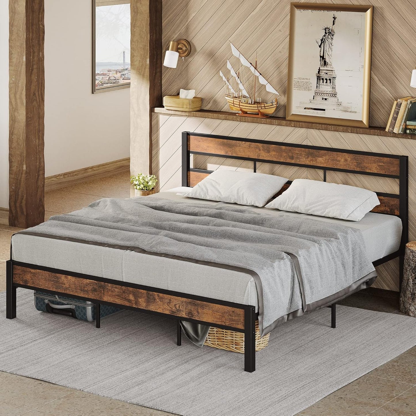LIKIMIO King Bed Frame, Easy Assembly, Noise-Free, No Box Spring Needed, Heavy Strong Metal Support Frames, Double-Row Support Bars, Vintage Brown