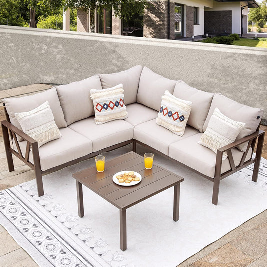 COMLAX FIELD Patio Furniture Set, 6 Pieces Outdoor Couch Sectional, L Shaped Patio Sofa, Metal Patio Couch Sectional with Side Table, Outdoor Seating Conversation Set
