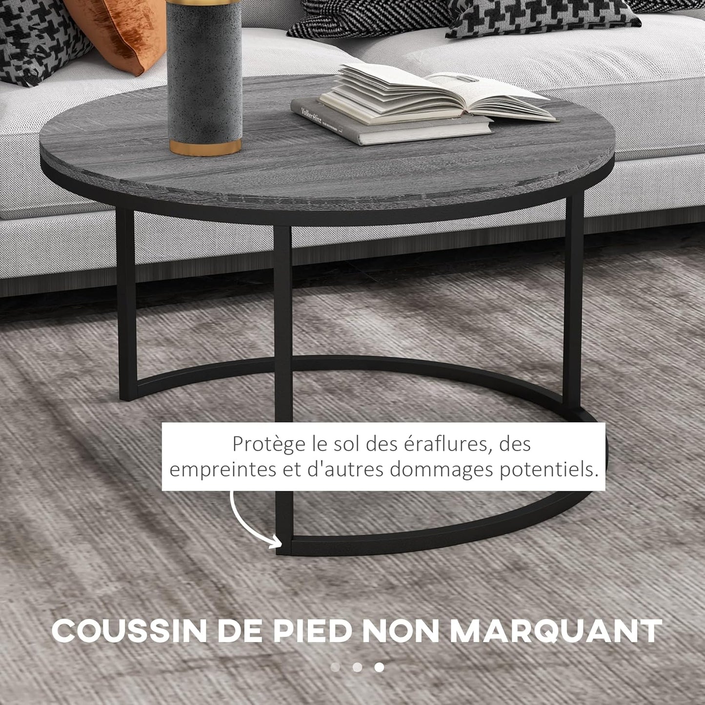 HOMCOM Set of 2 Nest Coffee Tables, Round Coffee Table, Stackable, Industrial Design, Coffee Table, Metal Legs, Black