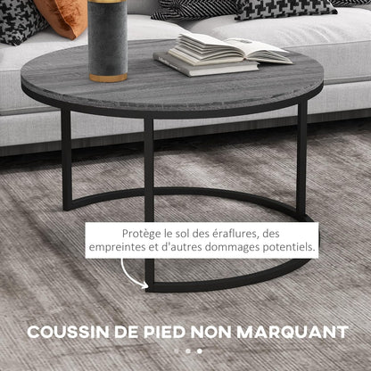 HOMCOM Set of 2 Nest Coffee Tables, Round Coffee Table, Stackable, Industrial Design, Coffee Table, Metal Legs, Black