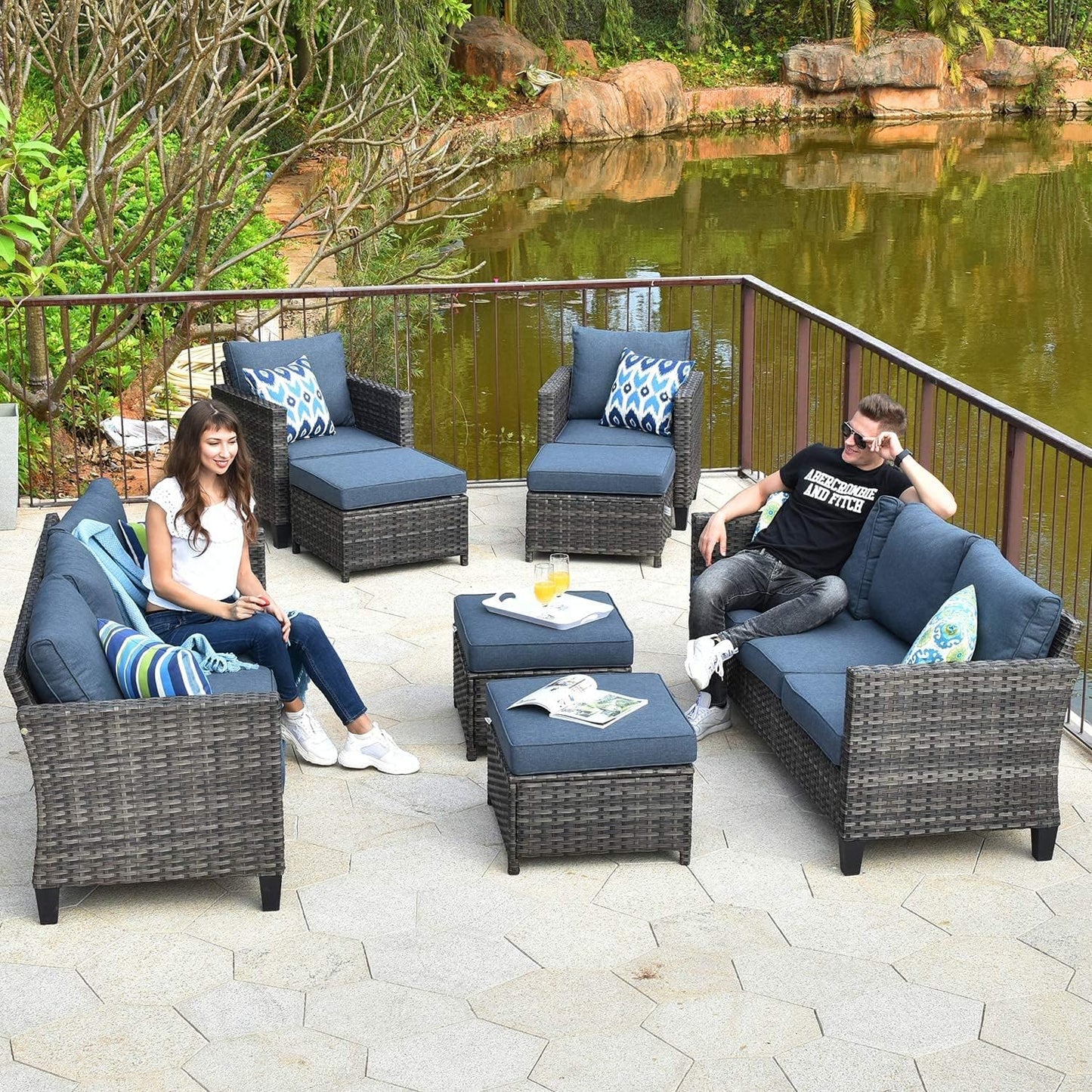 OVIOS Modern 8 PCS High Back Outdoor Furniture Set, Wicker & Steel, Grey-Denim Blue